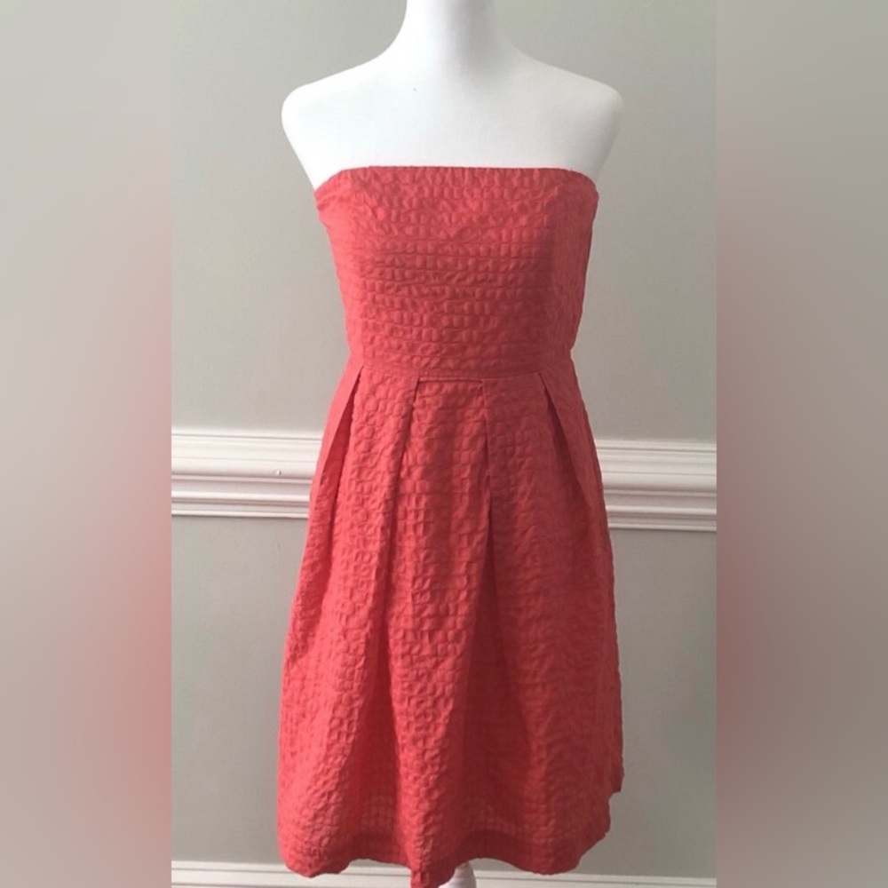 J. Crew Strapless Pink Cotton Seersucker, Pleated Dress for Special Occasions